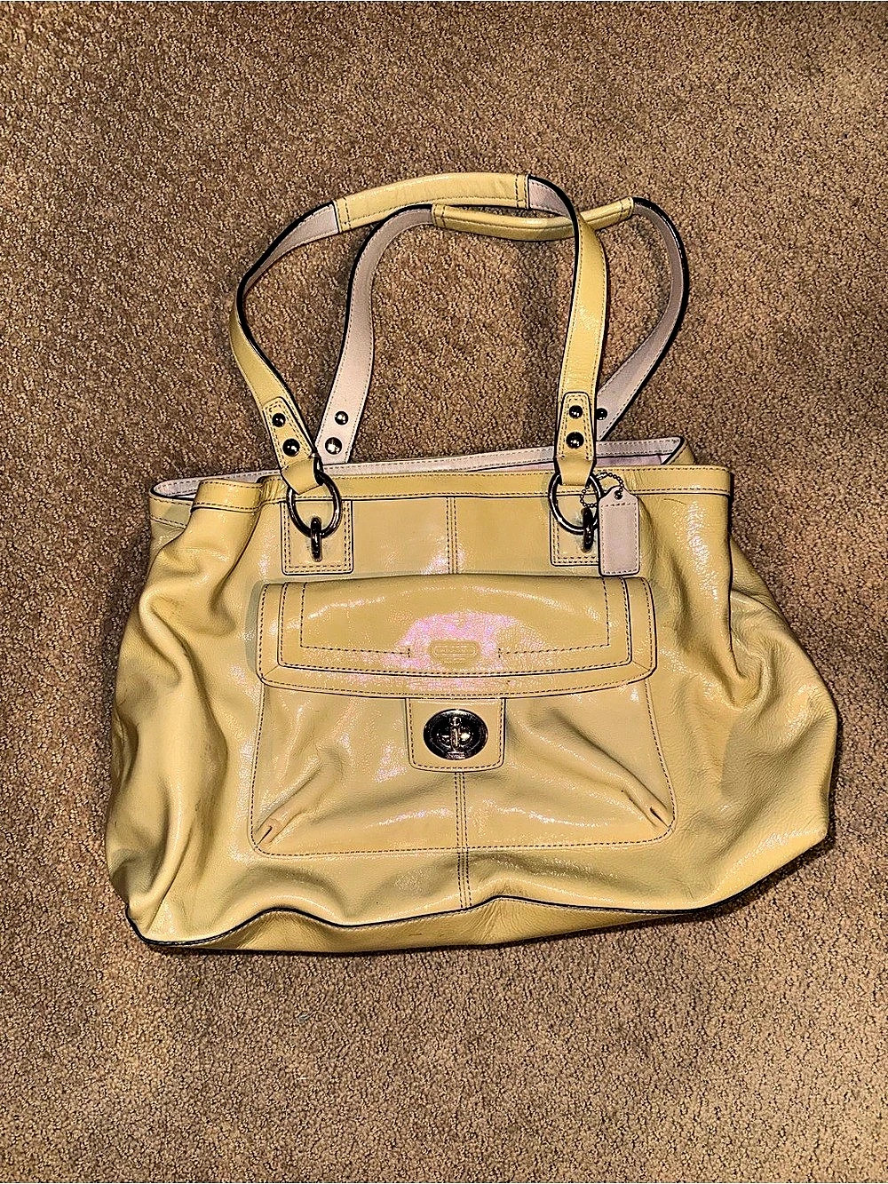 Coach Leah Signature Patent Leather Tote in French Vanilla